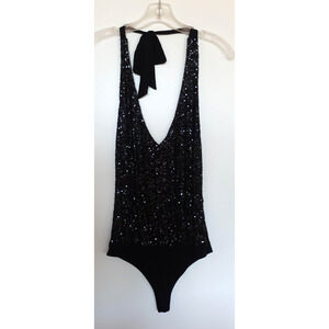 Vintage Y2K‎ VavaVoom Bodysuit Small Black Sequin Halter Top Whimsigoth Fairy